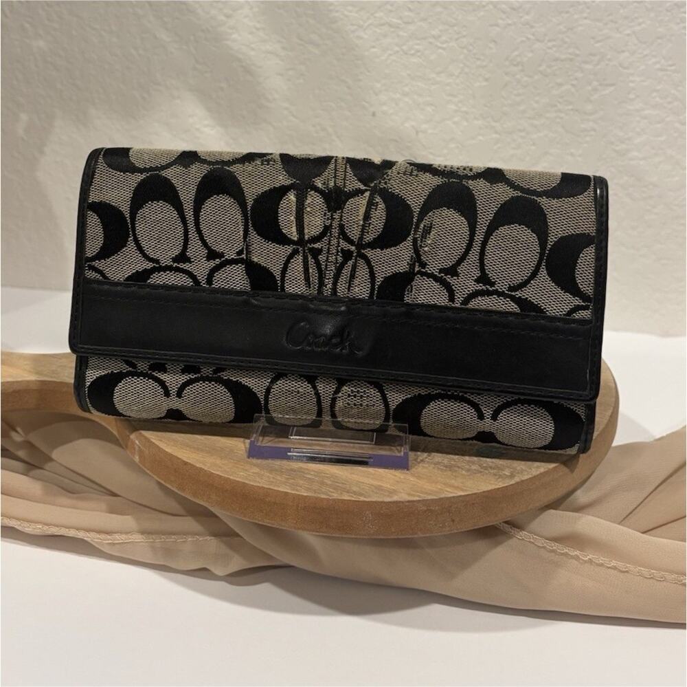 Coach Signature Black & Khaki Jacquard Trifold Wallet Checkbook Organizer